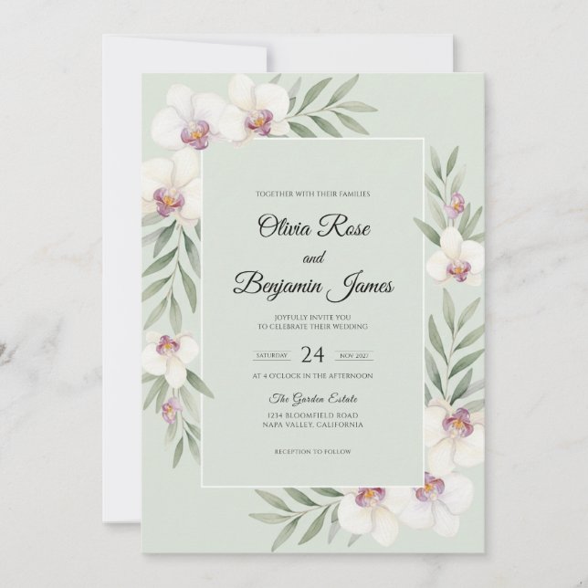 Invitation Mariage Orchidée Blanche Menthe (Devant)