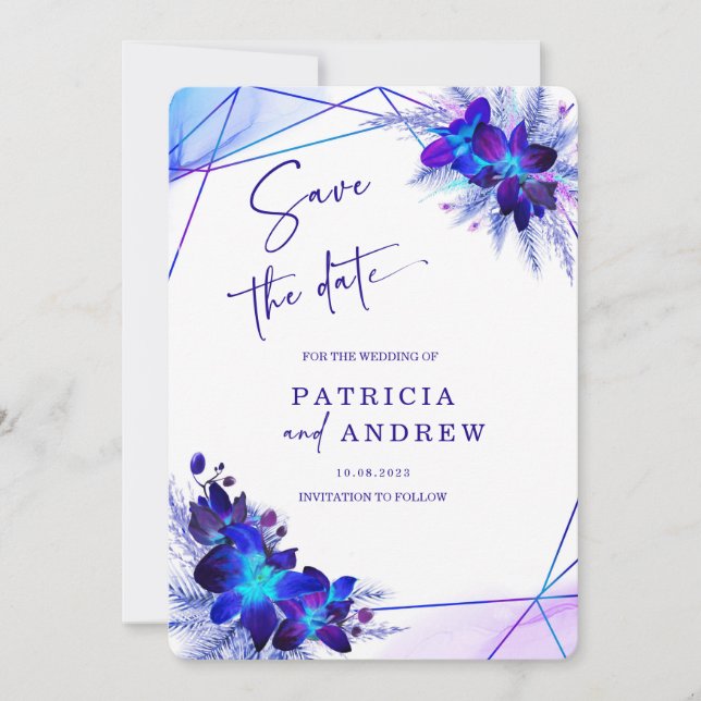 Invitation Mariage Orchidée Bleue Violette, Enregistrez la Da (Devant)