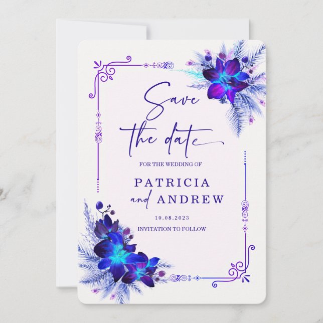 Invitation Mariage Orchidée Bleue Violette Enregistrez la Dat (Devant)