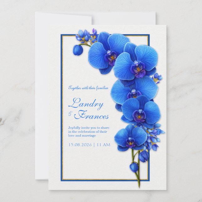 Invitation Mariage Orchidée Dorée Bleu Cobalt (Devant)