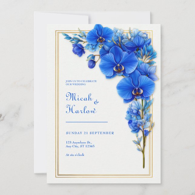 Invitation Mariage Orchidée Dorée Bleu Royal (Devant)