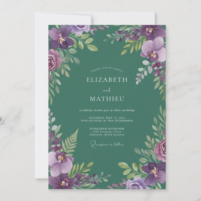 Invitation Mariage Orchidée Épinette Améthyste (Devant)