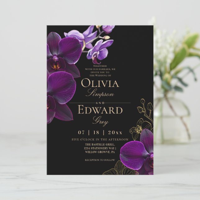 Invitation Mariage Orchidée Fleur Tropicale Noir Humeur Pourp (Debout devant)