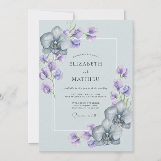 Invitation Mariage Orchidée Gracieuse Bleu Clair (Devant)