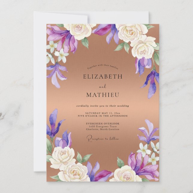 Invitation Mariage Orchidée Lavande Cuivre (Devant)