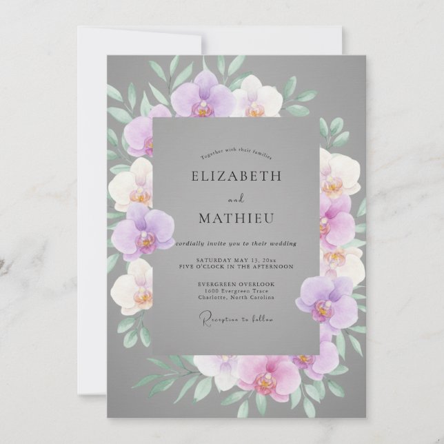 Invitation Mariage Orchidée Lavande Grise (Devant)