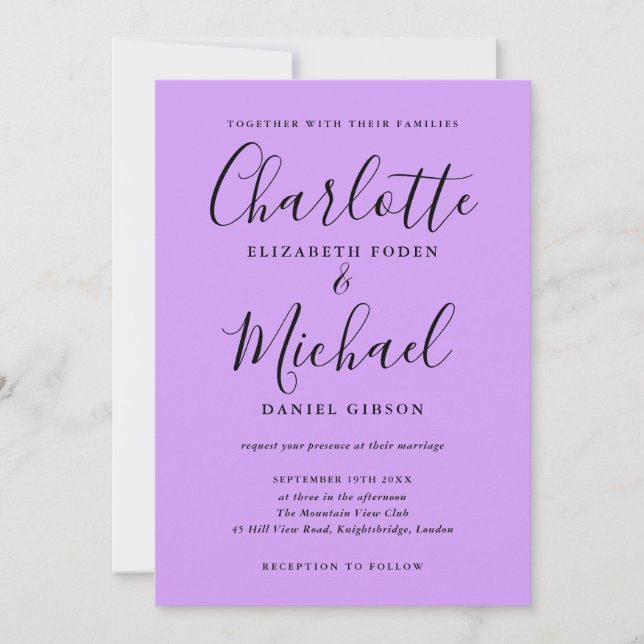 Invitation Mariage Orchidée Lilas Lavande Écriture Signature (Devant)