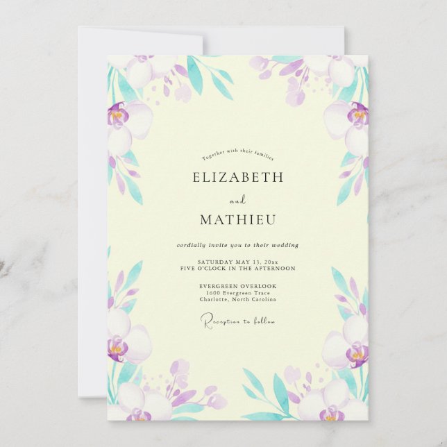 Invitation Mariage Orchidée Sarcelle Lavande (Devant)
