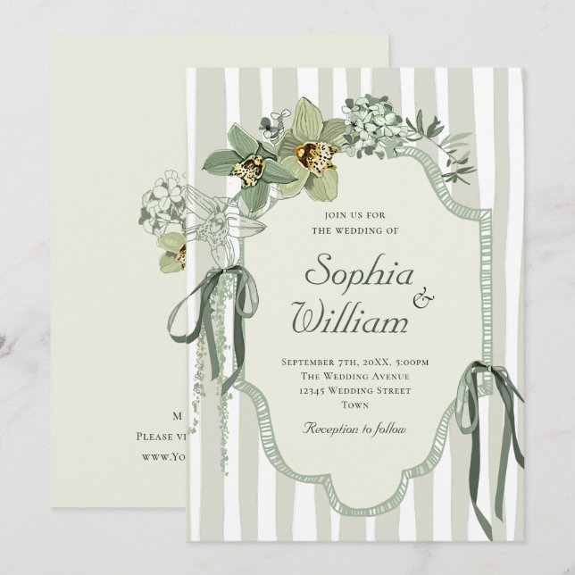Invitation Mariage Orchidées Vert Sauge Peintes à la Main (Devant / Derrière)