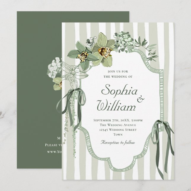Invitation Mariage Orchidées Vert Sauge Peintes à la Main (Devant / Derrière)