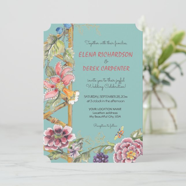 Invitation Mariage Oriental Floral Tropical Aqua Chinoiserie (Debout devant)