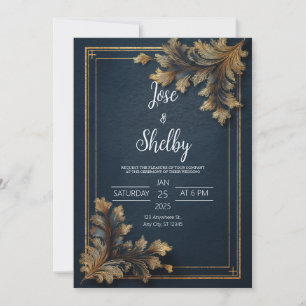 Invitation Mariage Orné Bleu Marine Tourbillon Or Luxe
