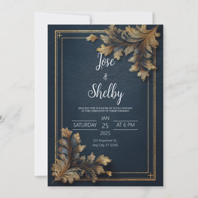 Invitation Mariage Orné Bleu Marine Tourbillon Or Luxe (Devant)