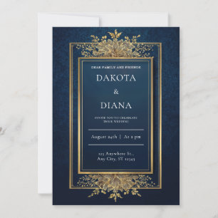 Invitation Mariage Orné Bleu Nuit avec Tourbillon d'Or Luxueu