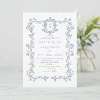 Invitation Mariage Orné Bleu Poussiéreux Français