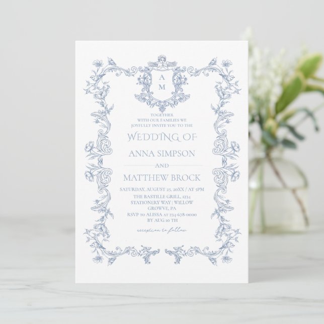 Invitation Mariage Orné Bleu Poussiéreux Français  (Debout devant)