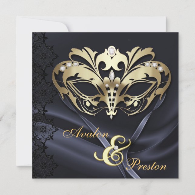 Invitation Mariage orné de bijoux de noir de mascarade d'or (Devant)