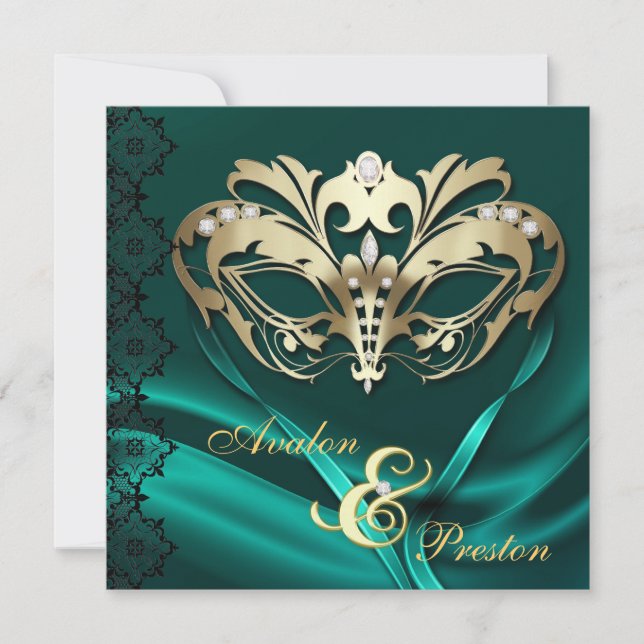 Invitation Mariage orné de bijoux turquoise de mascarade d'or (Devant)