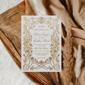 Invitation Mariage Orné de Faux Floraux Blancs et Or Royaux