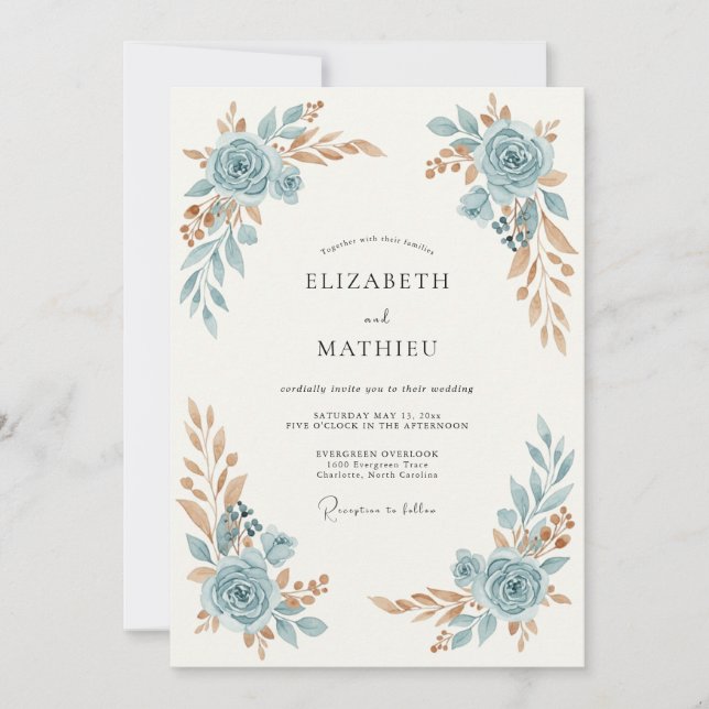 Invitation Mariage Orné de Rose Bleu Ardoise (Devant)