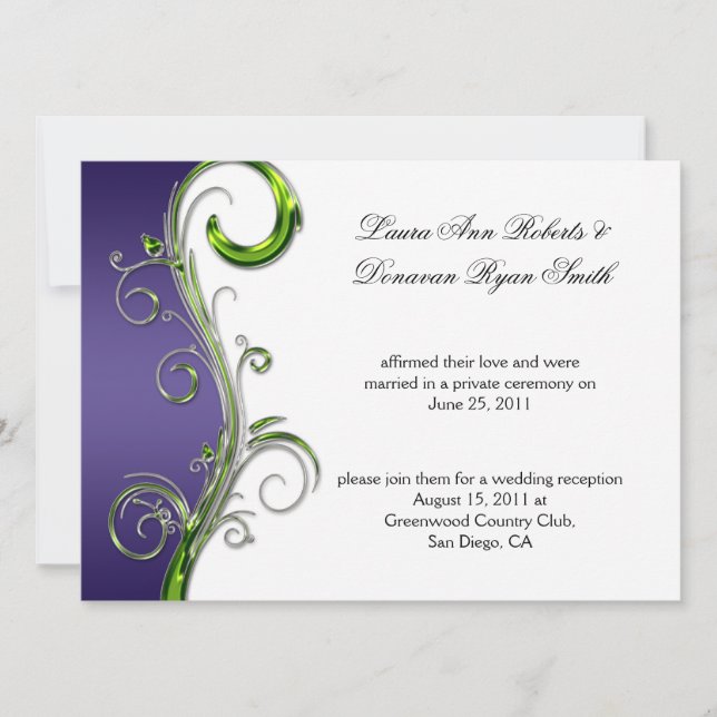 Invitation Mariage orné de violet et de vert avec tourbillon  (Devant)