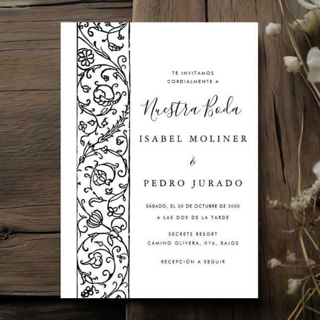 Invitation Mariage Orné Floral Noir & Blanc Nuestra Boda (Créateur téléchargé)