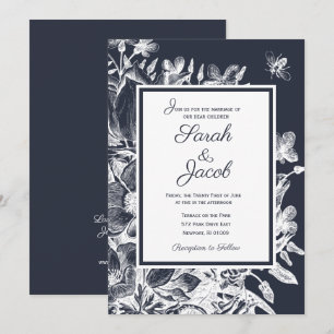 Invitation Mariage Orné Floral Vintage Bleu Marine & Blanc