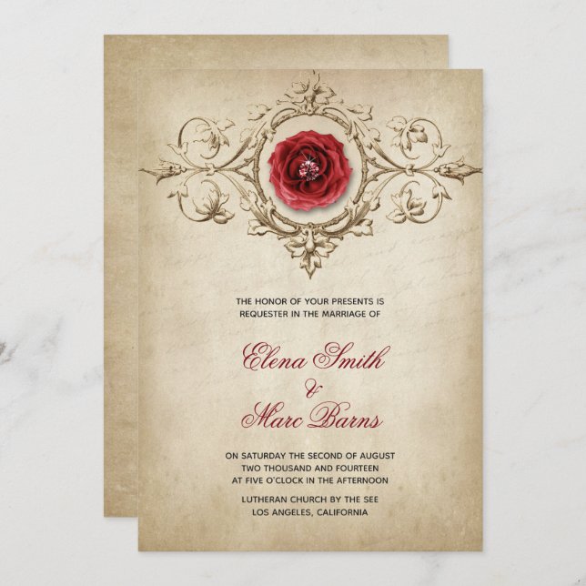 Invitation Mariage Ornement Rose Rouge Et Beige (Devant / Derrière)