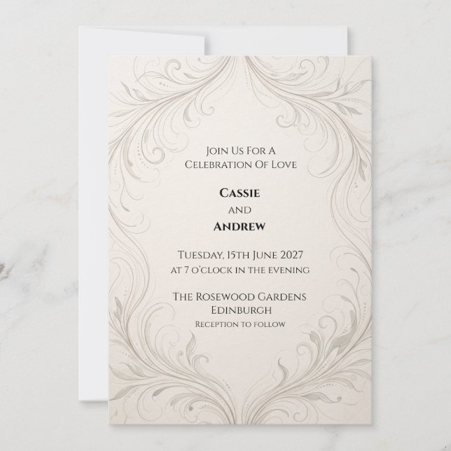 Invitation Mariage Ornemental Argent Ivoire (Devant)