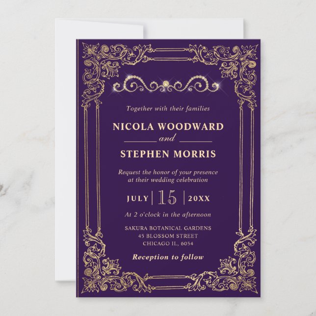 Invitation Mariage Ornemental Élégant Violet et Or (Devant)