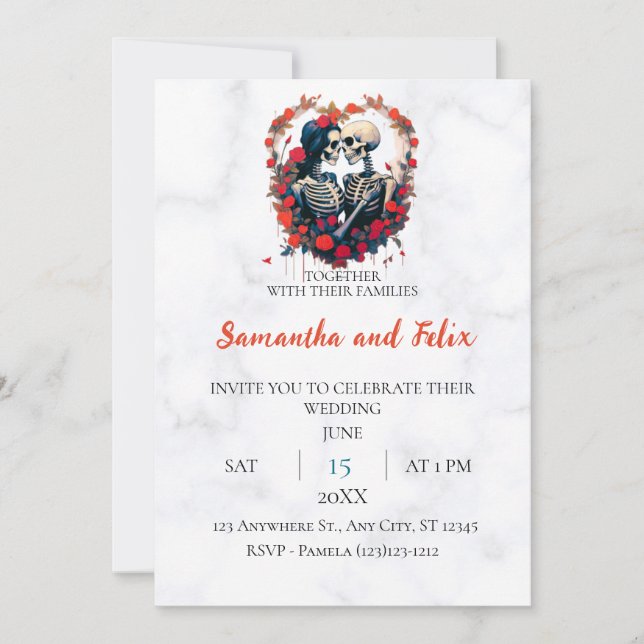 Invitation Mariage Ovale en Marbre de Rose de Squelette (Devant)