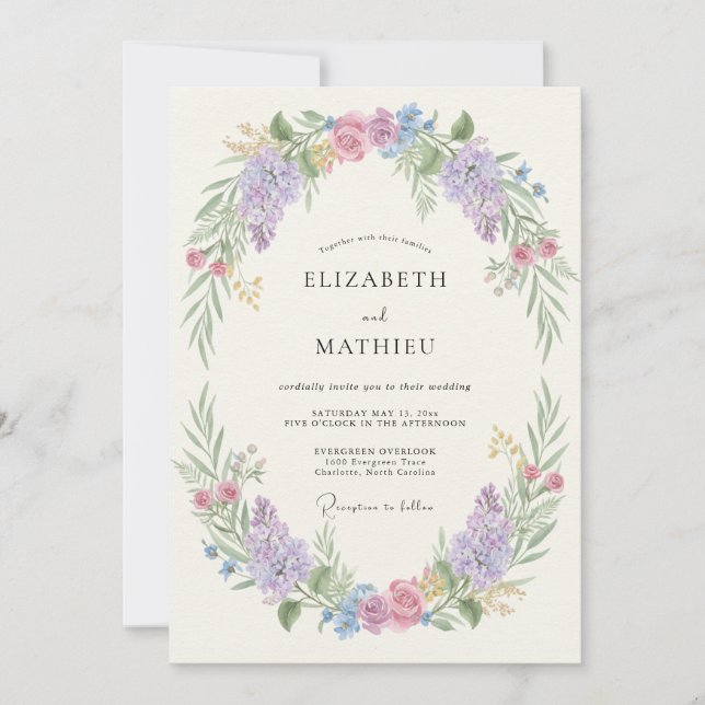 Invitation Mariage Ovale Fleur de Lilas Blush (Devant)