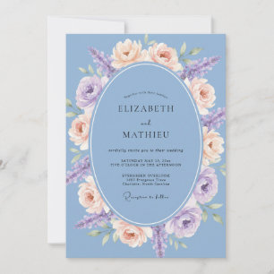 Invitation Mariage Ovale Floral Bleu Poussiéreux
