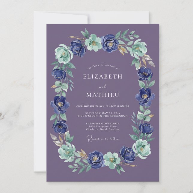 Invitation Mariage Ovale Floral Painterre en Prune (Devant)