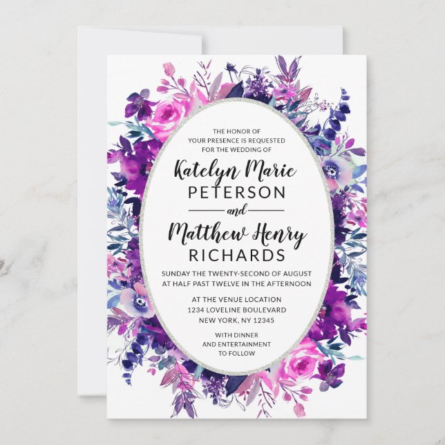 Invitation Mariage ovale violet floral enchanté (Devant)
