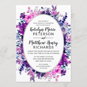 Invitation Mariage ovale violet floral enchanté