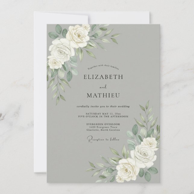 Invitation Mariage Paeonia Blanc Argenté (Devant)