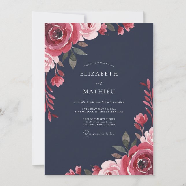 Invitation Mariage Paeonia Crimson Minuit (Devant)