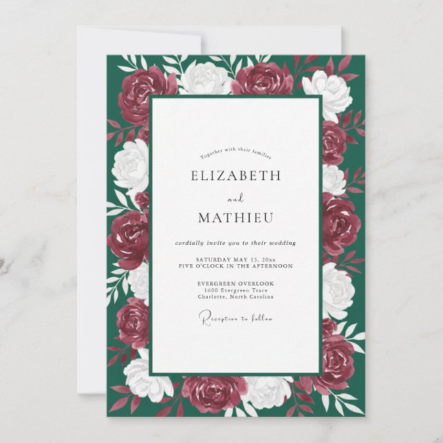 Invitation Mariage Paeonia Émeraude Cramoisi (Devant)