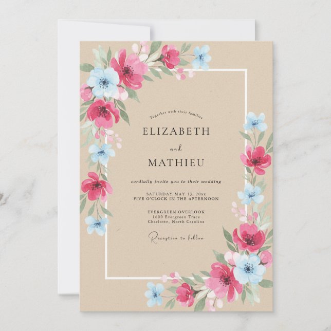 Invitation Mariage Paeonia Fuchsia Azur (Devant)