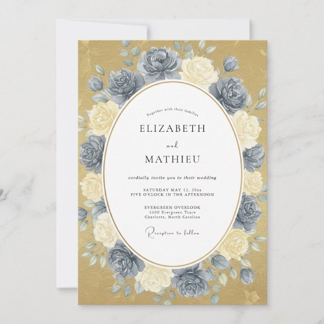 Invitation Mariage Paeonia Or Bleu Acier (Devant)