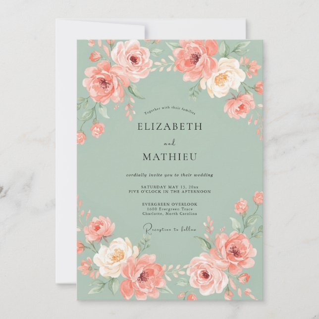 Invitation Mariage Paeonie Corail Sage (Devant)