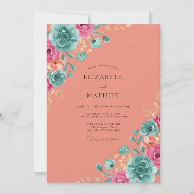Invitation Mariage Paeonie Cyan Saumon (Devant)