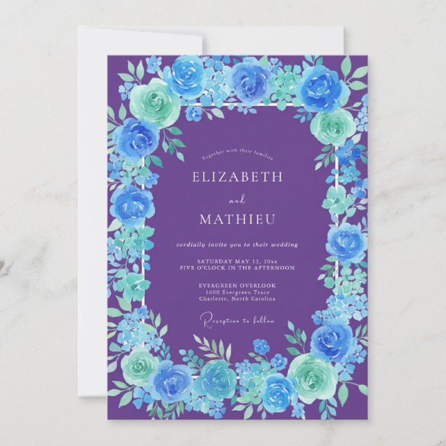 Invitation Mariage Paeonie Cyan Violet (Devant)