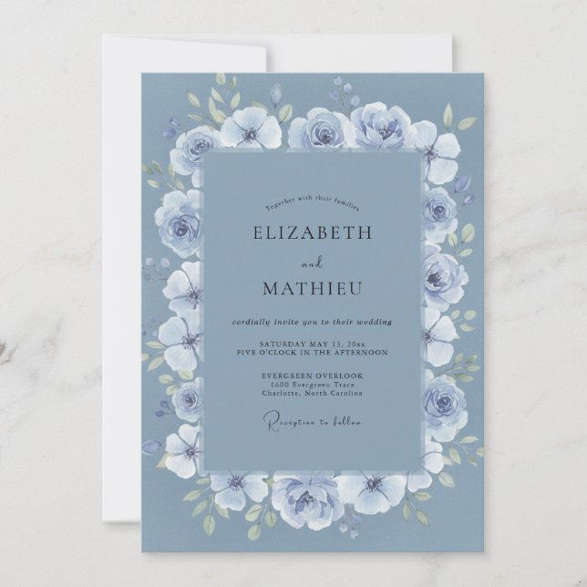 Invitation Mariage Paeonie Pervenche Acier (Devant)