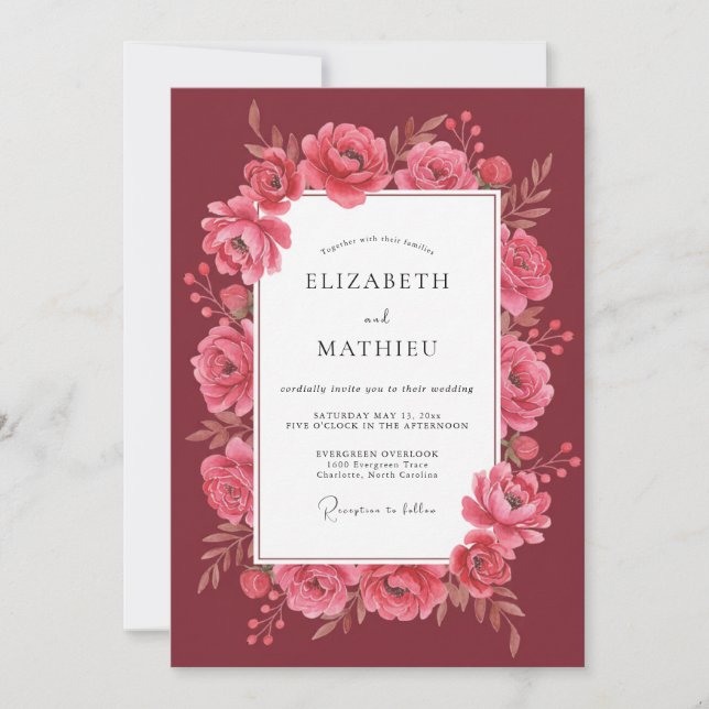 Invitation Mariage Paeonie Rose Cramoisi (Devant)