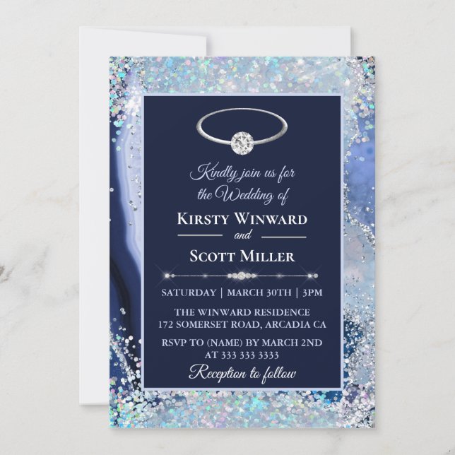 Invitation Mariage Pailleté Agate Bleu Argent (Devant)