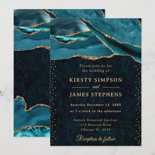 Invitation Mariage Pailleté Agate Bleu-vert et Or (Devant / Derrière)