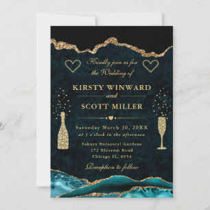 Invitation Mariage Pailleté Agate Bleu-vert et Or