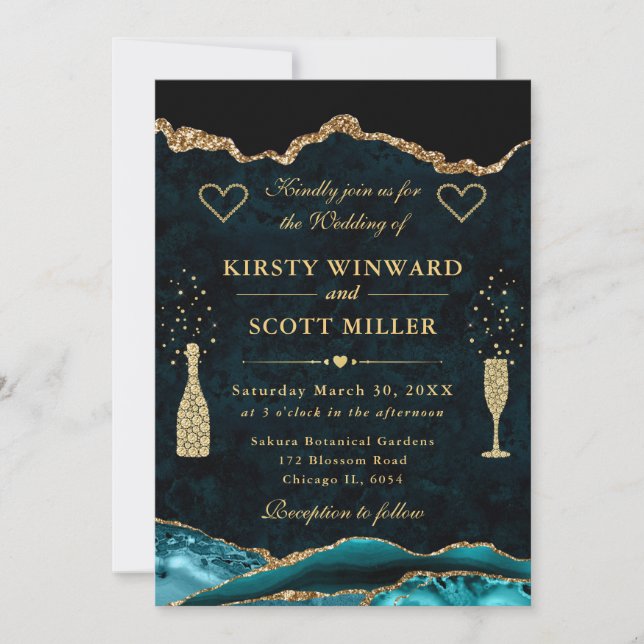 Invitation Mariage Pailleté Agate Bleu-vert et Or (Devant)
